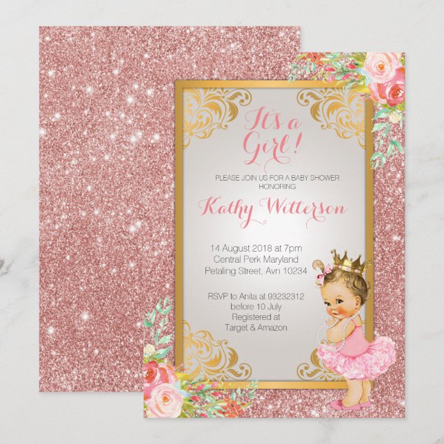 Invitation du Baby shower d'or de la princesse Ros (Devant / Derrière)