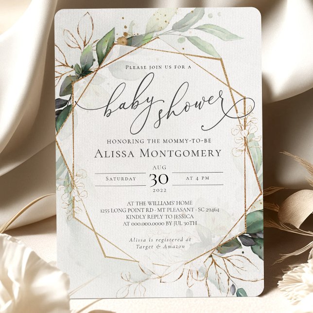 Invitation du Baby shower d'or vert géométrique (Créateur téléchargé)