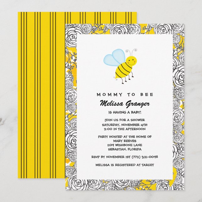 Invitation du Baby shower Floral Bumblebee (Devant / Derrière)