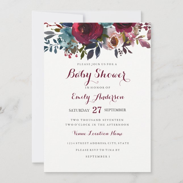 Invitation du Baby shower Floral de Bourgogne (Devant)