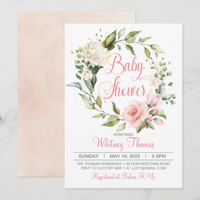 Invitation du Baby shower floral de la Pêche de Bo (Devant / Derrière)