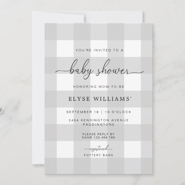 Invitation du Baby shower Grey En vichy (Devant)