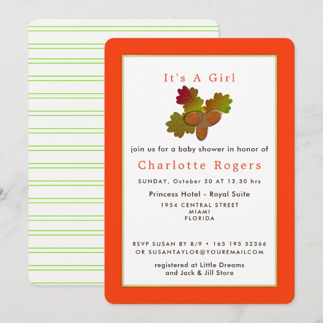 Invitation du Baby shower Little Acorns (Devant / Derrière)