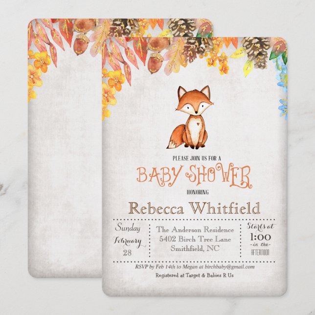 Invitation du Baby shower Little Fox (Devant / Derrière)