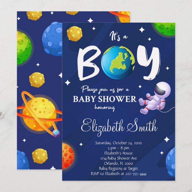 Invitation du Baby shower pour garçons de l'espace (Devant / Derrière)