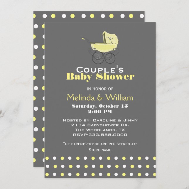 Invitation du Baby shower Pram pour bébé jaune (Devant / Derrière)