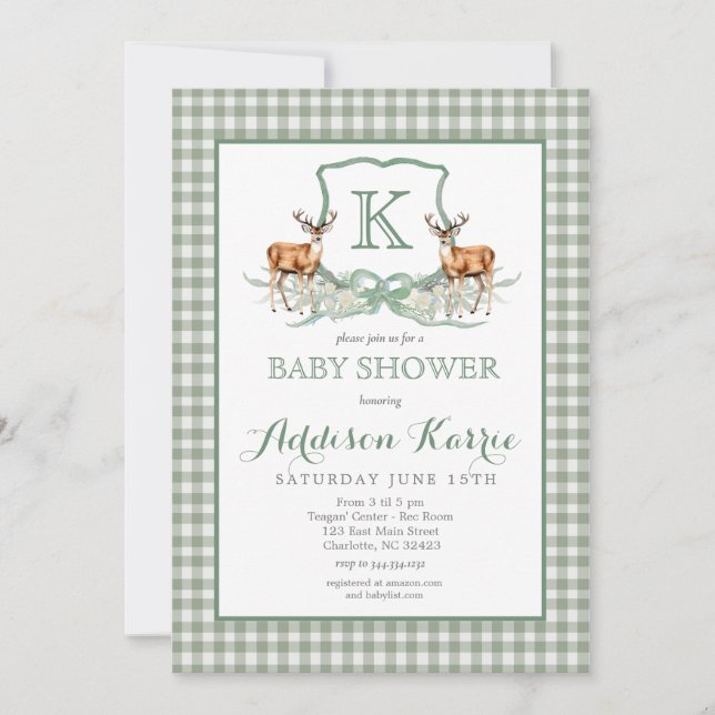 Invitation du Baby shower Preppy Deer En vichy Cre (Devant)