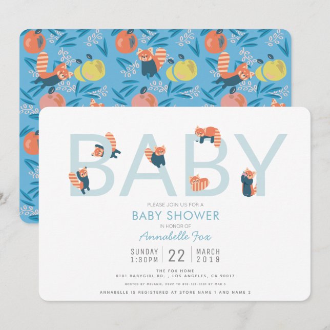 Invitation du Baby shower Red Panda Blue Boy (Devant / Derrière)
