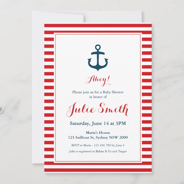 Invitation du Baby shower rouge nautique (Devant)
