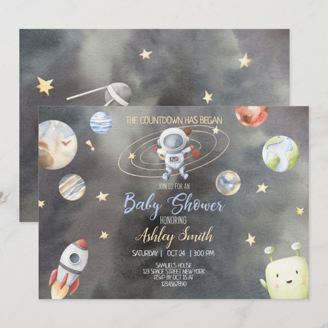Invitation du Baby shower spatial astronaute (Devant / Derrière)