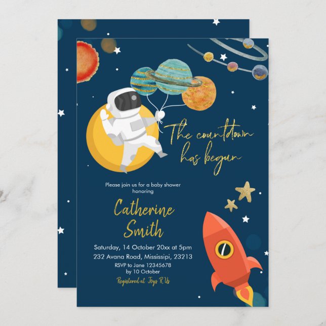 Invitation du Baby shower spatial solaire Planète (Devant / Derrière)