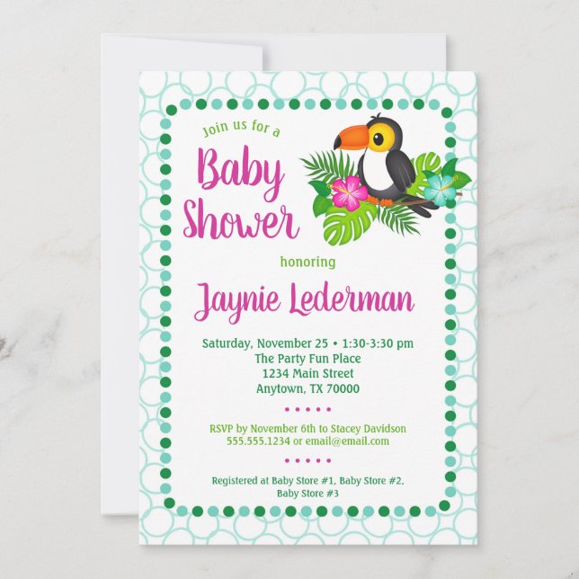 Invitation du Baby shower tropical du Toucan (Devant)