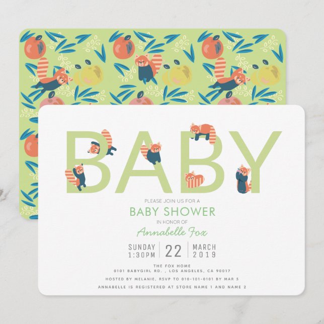 Invitation du Baby shower vert Panda Rouge (Devant / Derrière)