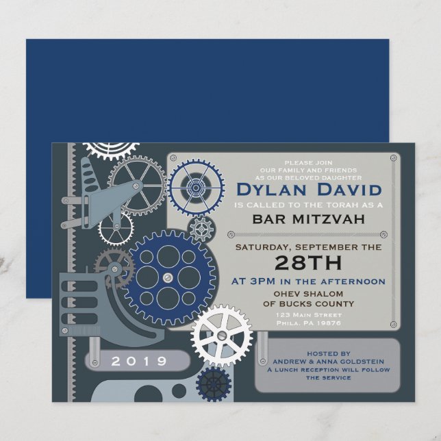 Invitation du Bat mitzvah Barre GEARS (Devant / Derrière)