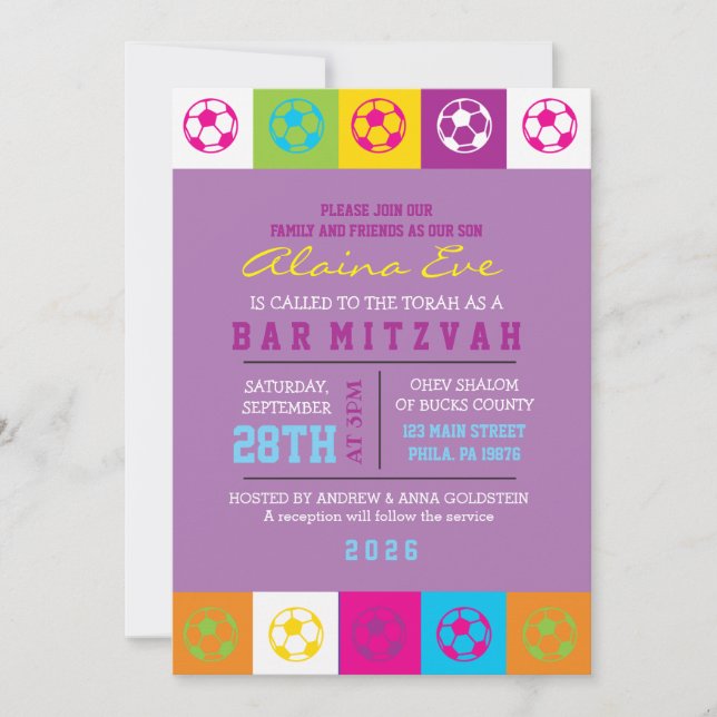Invitation du Bat mitzvah cool SOCCER Neon Bar (Devant)