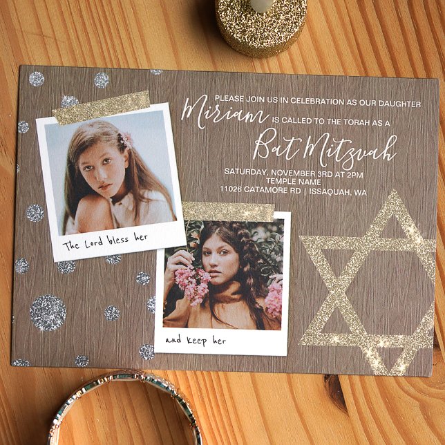 Invitation du Bat mitzvah de Parties scintillant G (Gold, pewter, beige glitter star of david bat mitzvah invitation with photos)