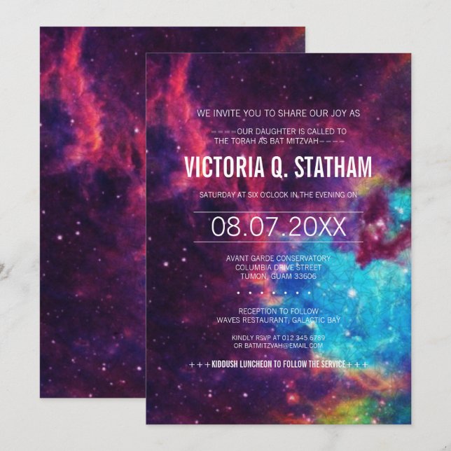 Invitation du Bat mitzvah Galaxy Colorée Personnal (Devant / Derrière)