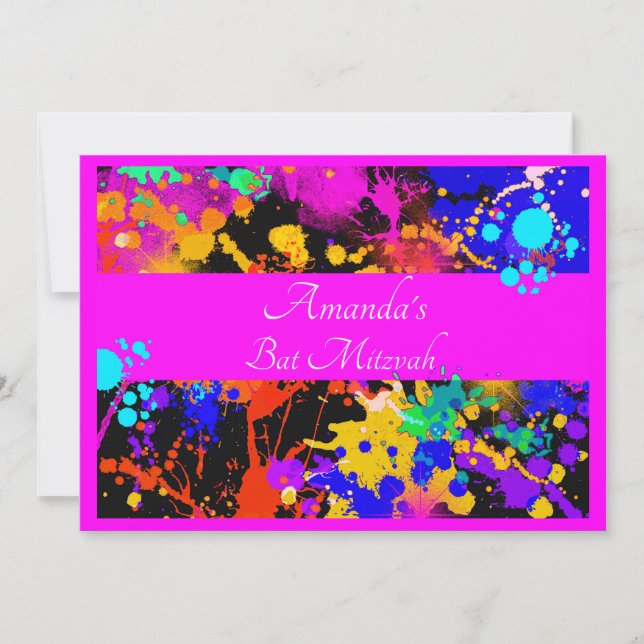 Invitation du Bat mitzvah Neon Paint Splatter (Devant)
