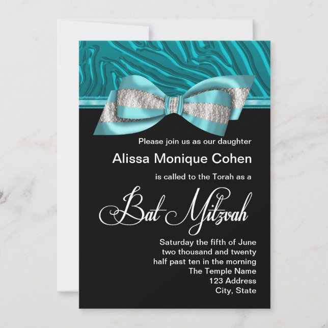 Invitation du Bat mitzvah turquoise Blue Zebra (Devant)