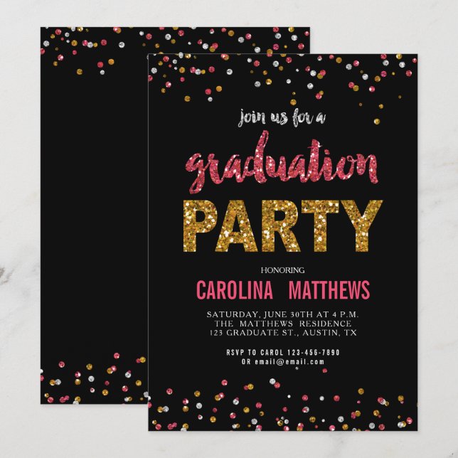 Invitation du Black Gold Pink Confetti Graduation  (Devant / Derrière)