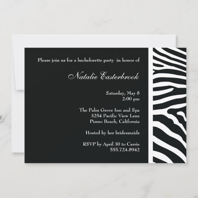 Invitation du Black Zebra Bachelorette Party (Devant)