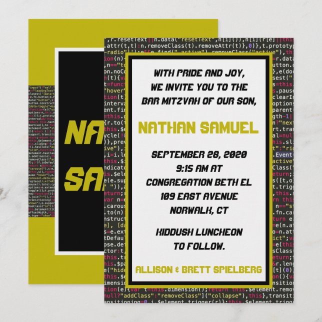 Invitation du Coder's Party Bar Mitzvah (Devant / Derrière)