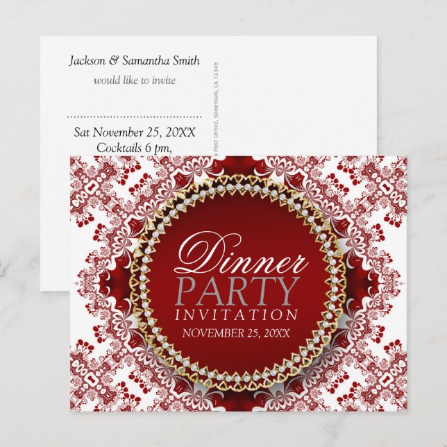 Invitation du dîner de dentelle fractale rouge et  (Devant / Derrière)
