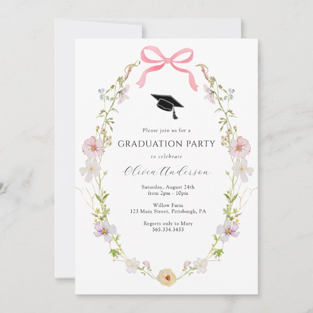 Invitation du fleur sauvage Pink Bow Graduation Pa (Devant)