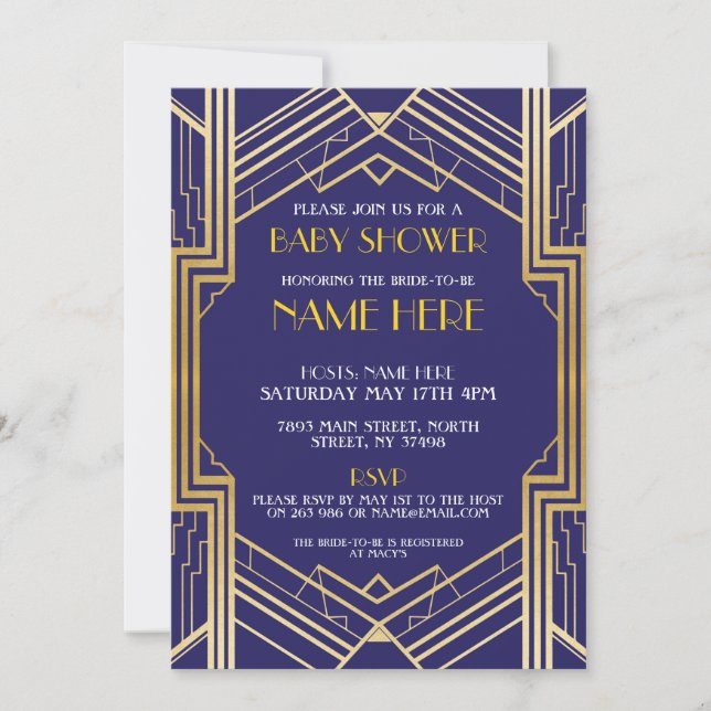 Invitation du Gold Party Baby shower Art déco des  (Devant)