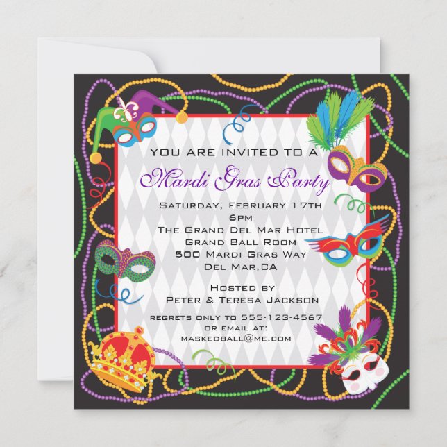 Invitation du Mardi Gras Party avec masques et per (Devant)