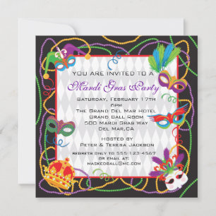 Invitation du Mardi Gras Party avec masques et per