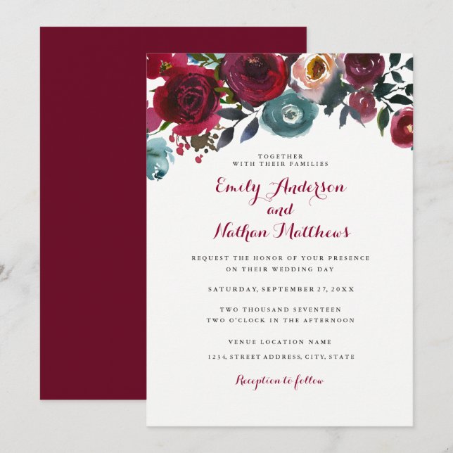 Invitation du Mariage de automne Floral Rouge Bour (Devant / Derrière)