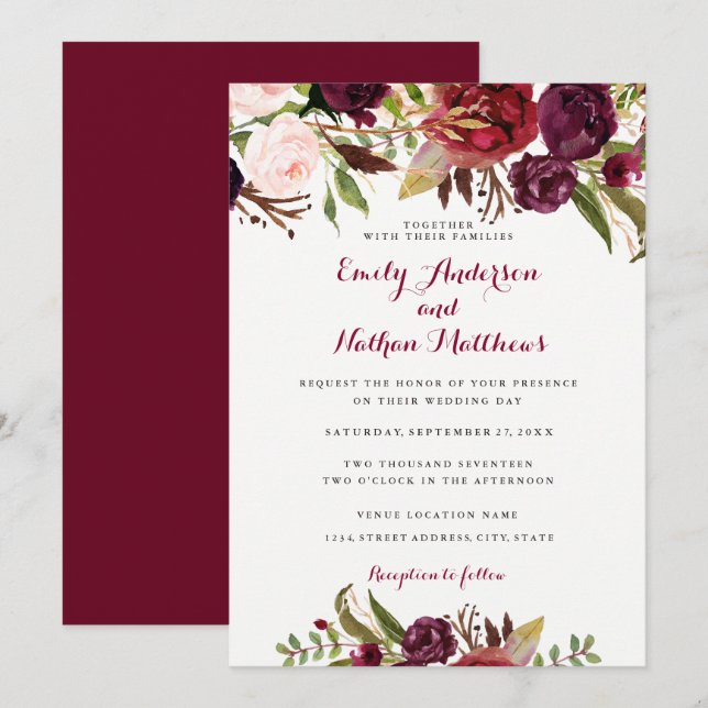 Invitation du Mariage de automne Floral Rouge Bour (Devant / Derrière)