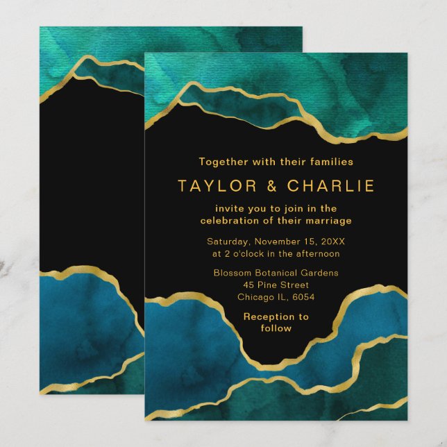 Invitation du Mariage de l'Agate Peint en bleu tur (Devant / Derrière)