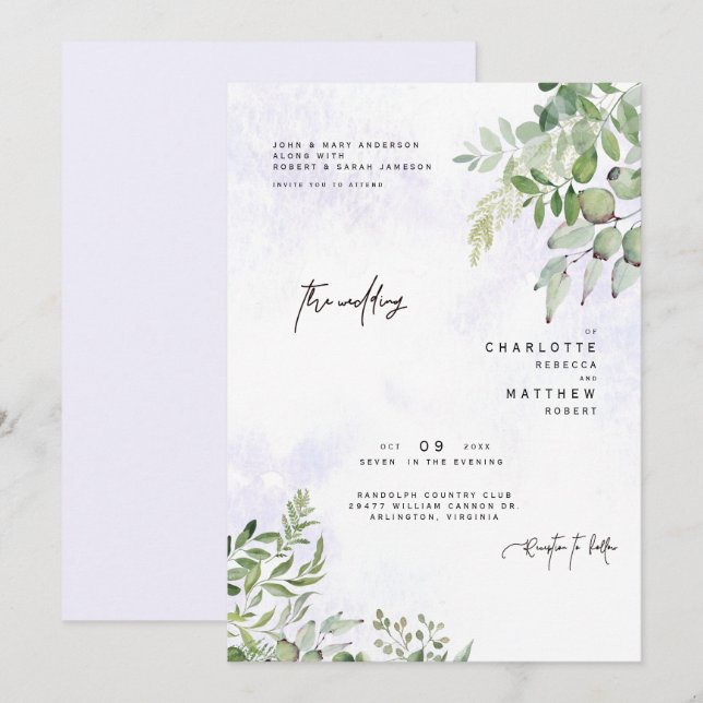 Invitation du Mariage de lavande Dreamy Foliage (Devant / Derrière)