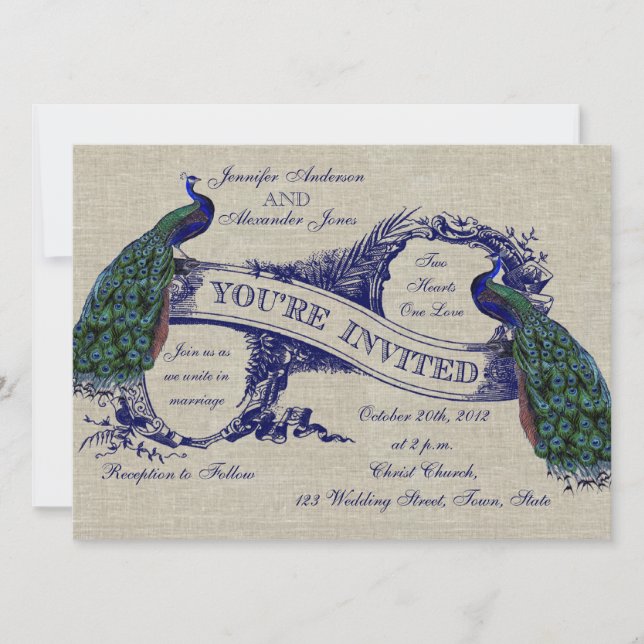 Invitation du Mariage russe Linen Blue Peacocks (Devant)