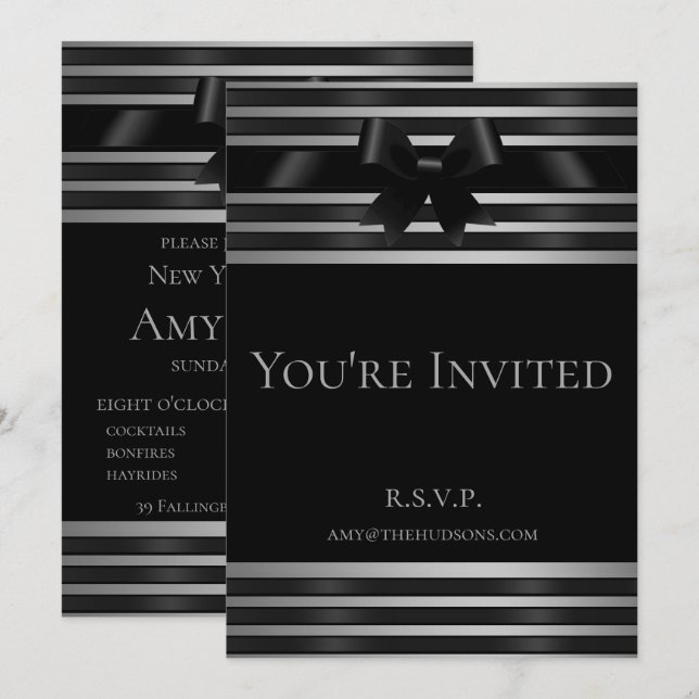 Invitation du Nouvel An aux rayures argentées et n (Devant / Derrière)