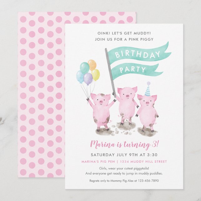 Invitation du parti Anniversaire de enfant rose (Devant / Derrière)