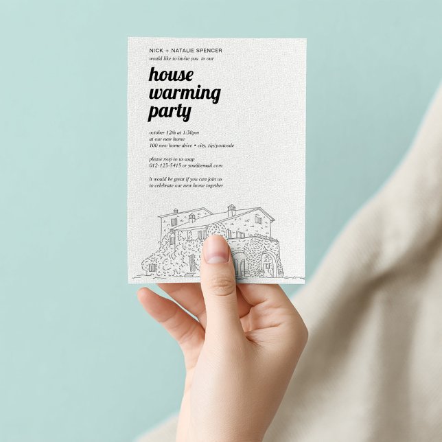 Invitation du parti de réchauffement de la maison (Modern housewarming invitation with bold script and home sketch.)