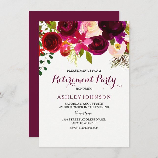 Invitation du parti de retraite Boho Floral Rouge  (Devant / Derrière)