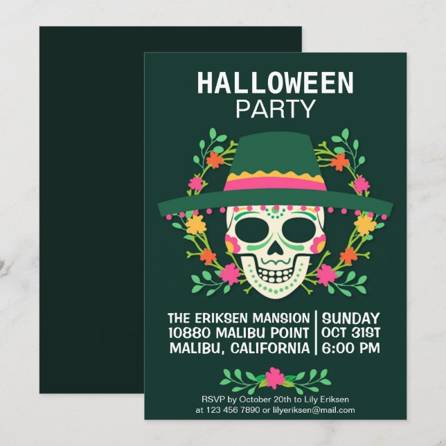 Invitation du parti d'Halloween Dia de los Muertos (Devant / Derrière)