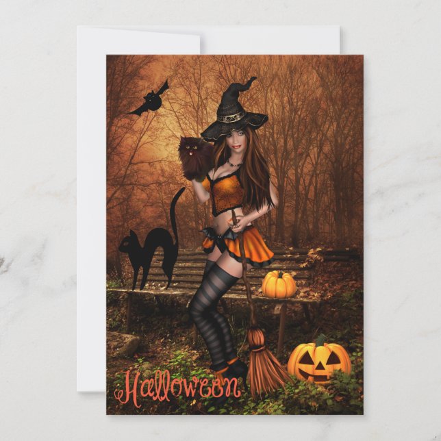Invitation du parti Halloween avec sorcière (Devant)