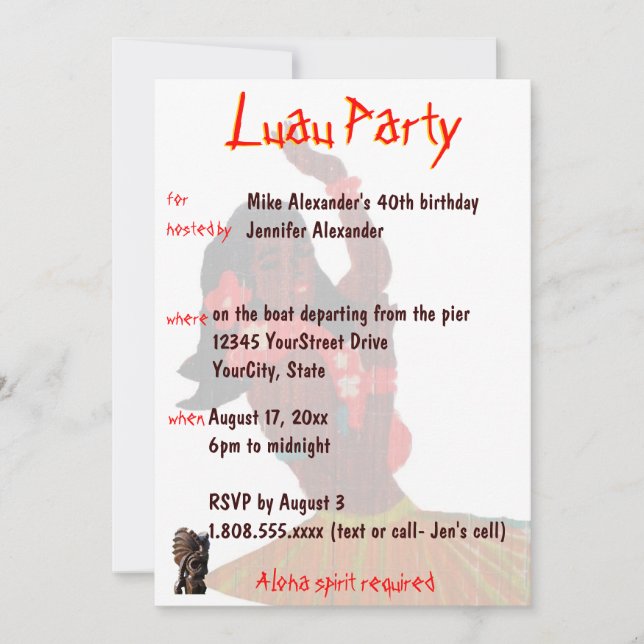 Invitation du parti Hawaï Luau (Devant)