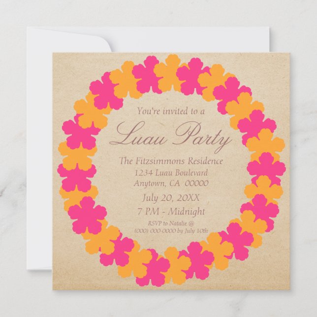 Invitation du parti Hawaiian Lei Luau, rose et ora (Devant)