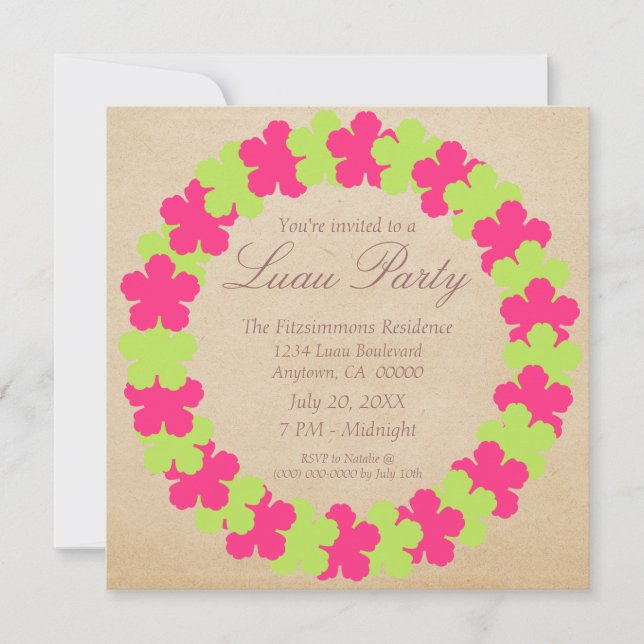 Invitation du parti Hawaiian Lei Luau, rose et ver (Devant)