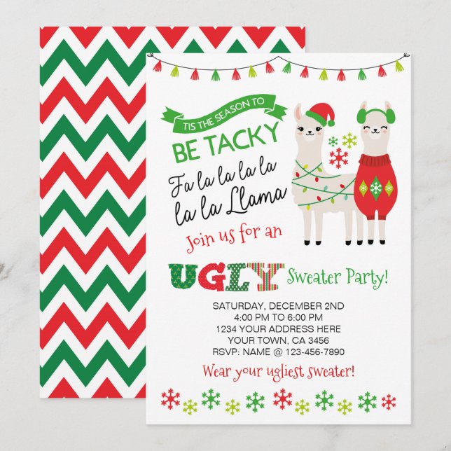 Invitation du parti Llama Ugly Sweater (Devant / Derrière)