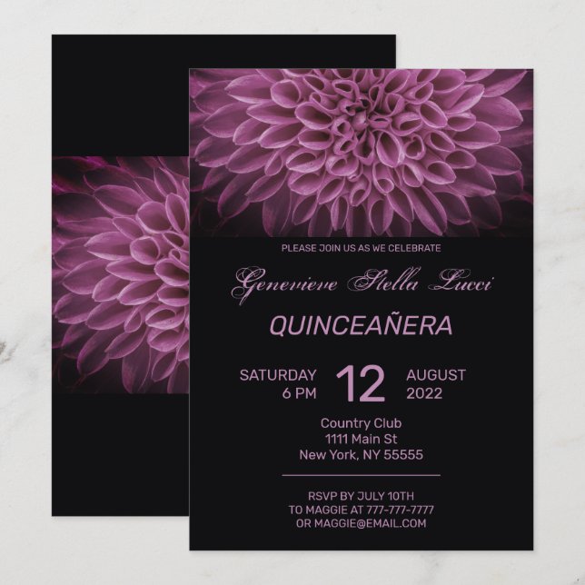 Invitation du parti Quinceañera à la florale rose  (Devant / Derrière)