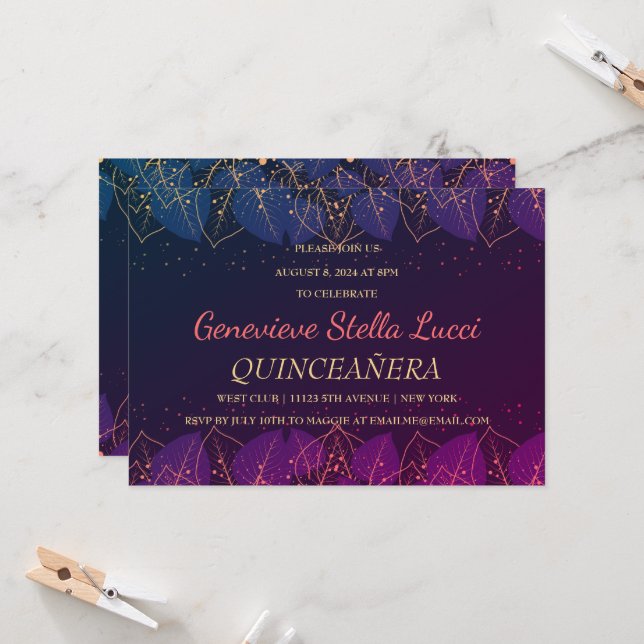 Invitation du Parti Quinceañera Botanique Chic Gol (Devant/Arrière en situation)