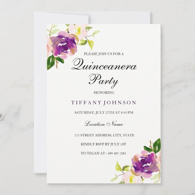 Invitation du parti Quinceanera Floral Jaune viole (Devant)
