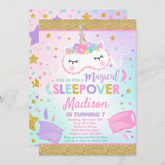 Invitation du parti Sleepover de l'Unicorn (Devant / Derrière)